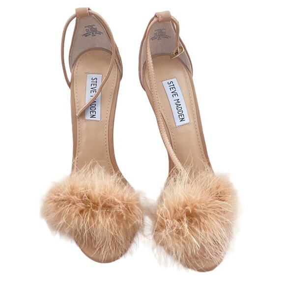 Steve Madden Feather Beige Nude heel Sandals w Feathers Marabou stiletto 7.5  4" - Picture 1 of 9